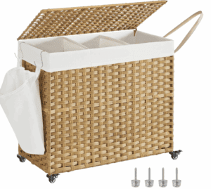 Mobile wicker 3-bin laundry organizer on wheels